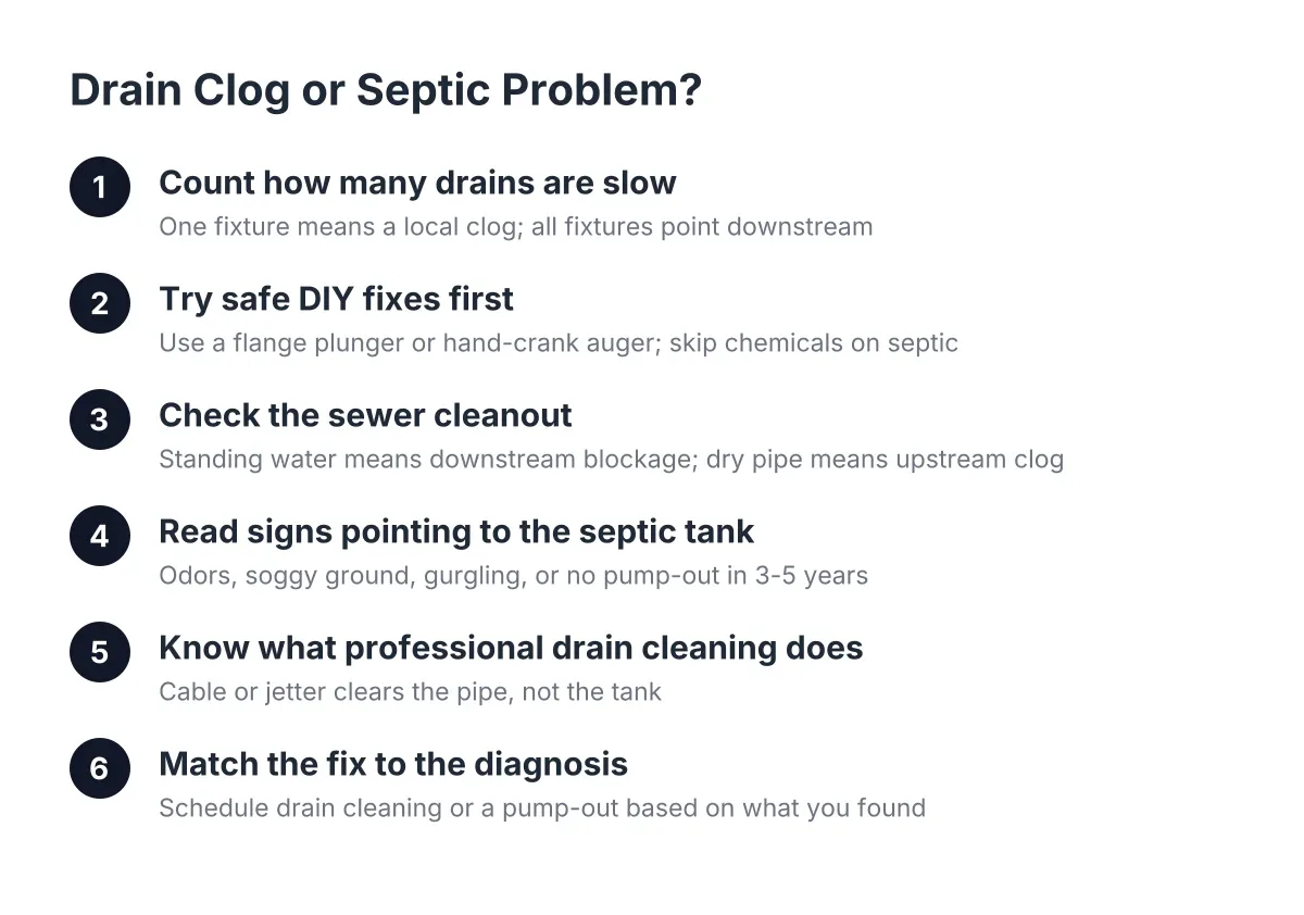 Steps to diagnose a slow drain as a pipe clog or septic tank problem