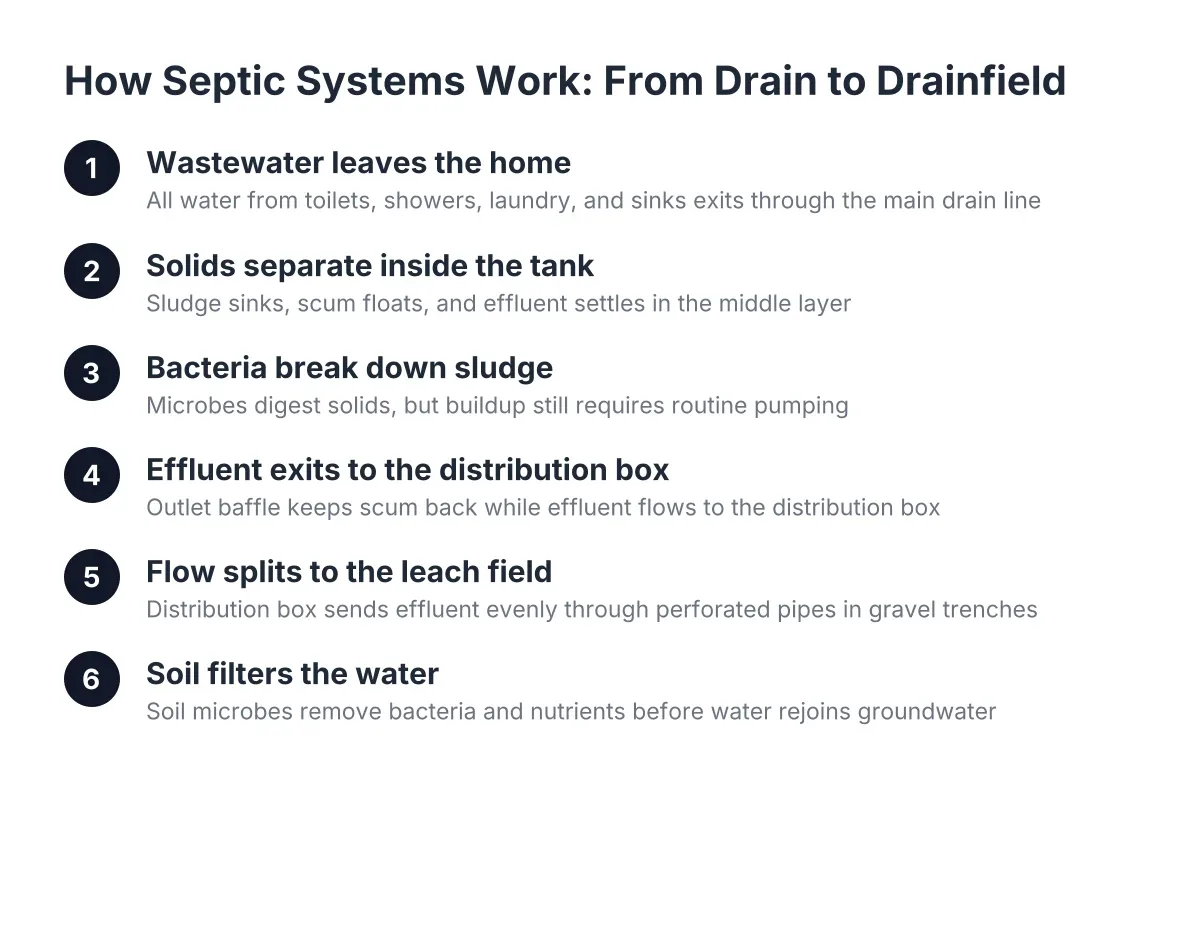 Diagram showing how septic systems work, from drain line through tank to leach field