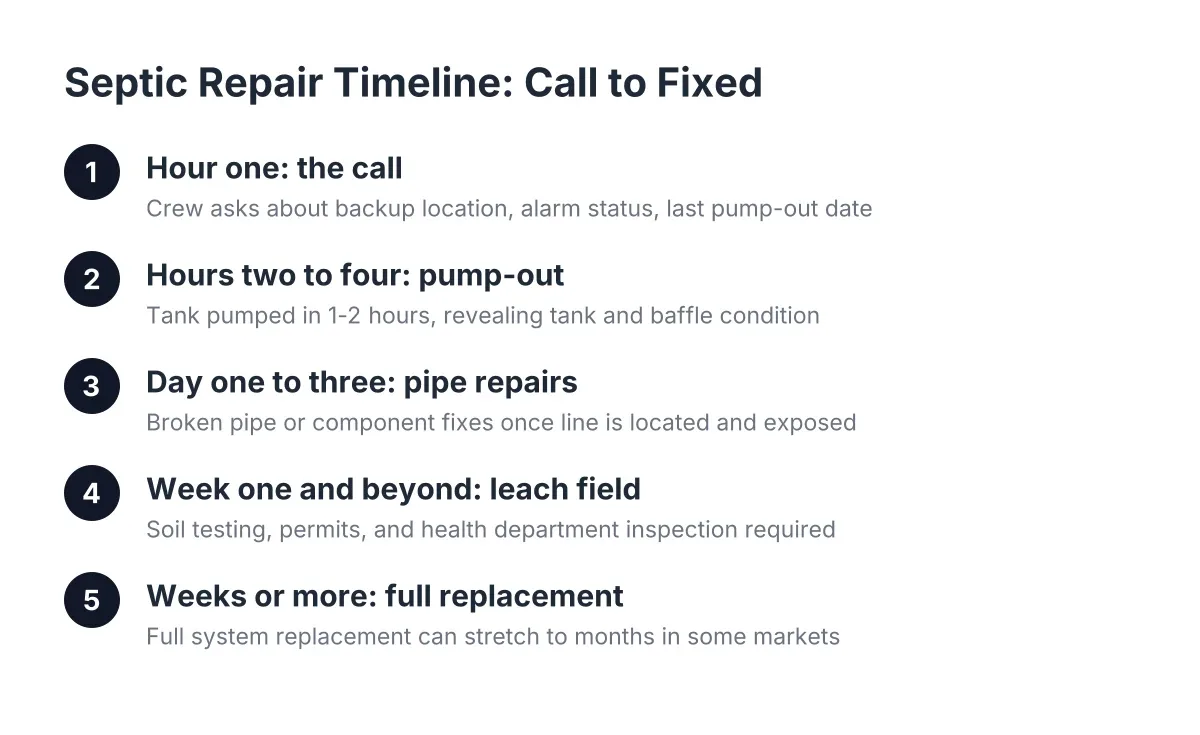 Steps in the septic repair timeline from emergency call to leach field fix